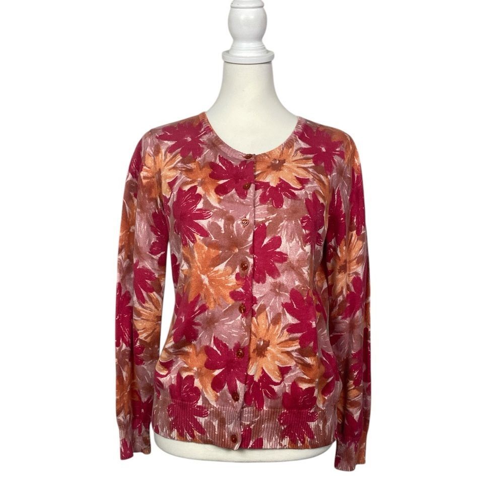 L.L. Bean Floral Cardigan Supima Cotton Pink Orange Lightweight Button Front